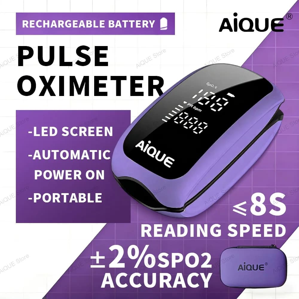 AiQUE Oxymeter Rechargeable with Case, Digital Oxygen Saturation Meter with LED, SPO2 PR Monitor for Medical Use