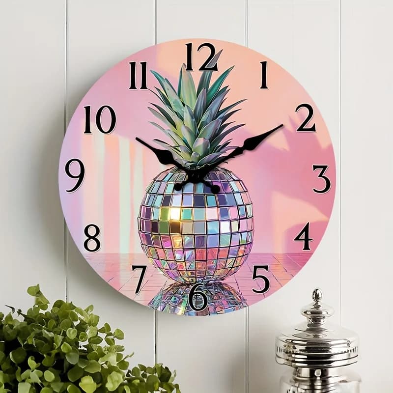 1 Pezzo di Orologio da Parete Piatto 2D Silenzioso in Legno, con Design Circolare e Decorazione Artistica a Palla Disco Ananas, Adatto per