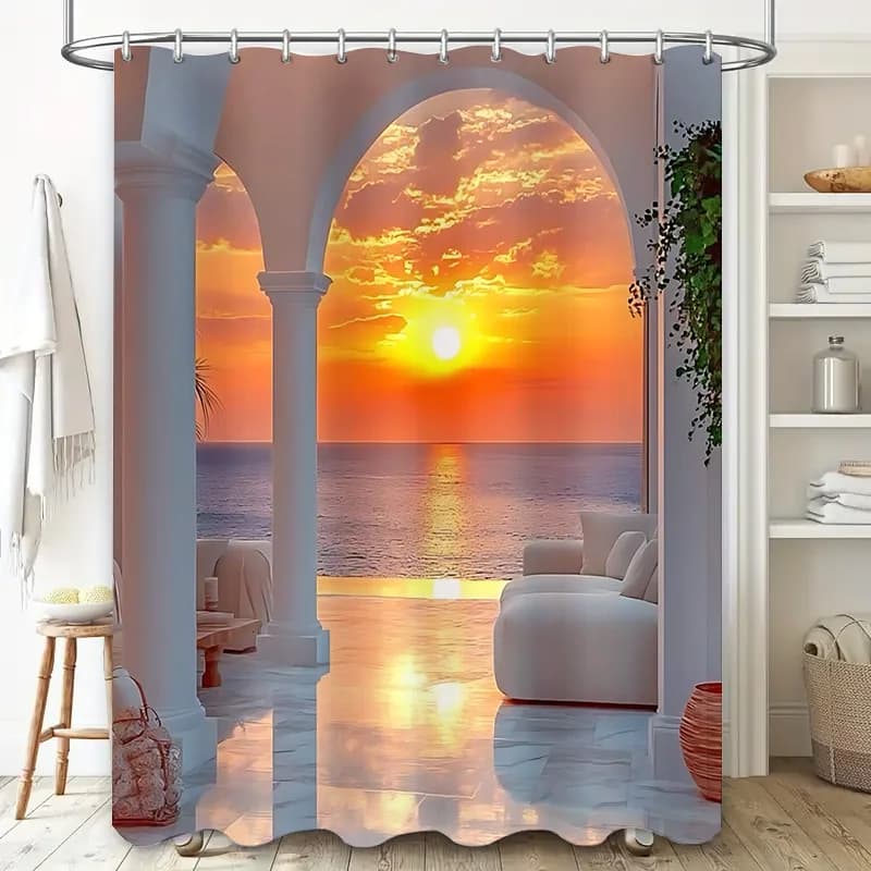 Sunset Over the Sea Shower Curtain with Archway Design for Bathroom Decor Bring Warmth and Serenity to Your Home Waterproof