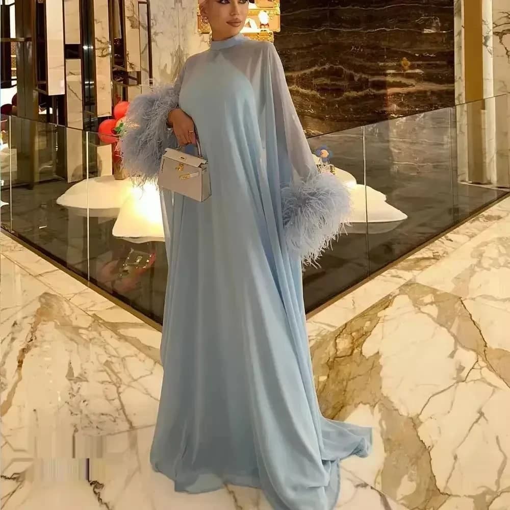 Abiti da ballo eleganti in chiffon con collo alto e maniche lunghe con abito da sera formale in piume per abito da festa saudita personalizzato da sposa