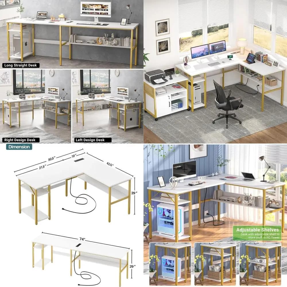Elegante Scrivania a L Bianca e Oro con Porte USB, Spazio di Archiviazione e Facile Montaggio per Ufficio Domestico e Gaming