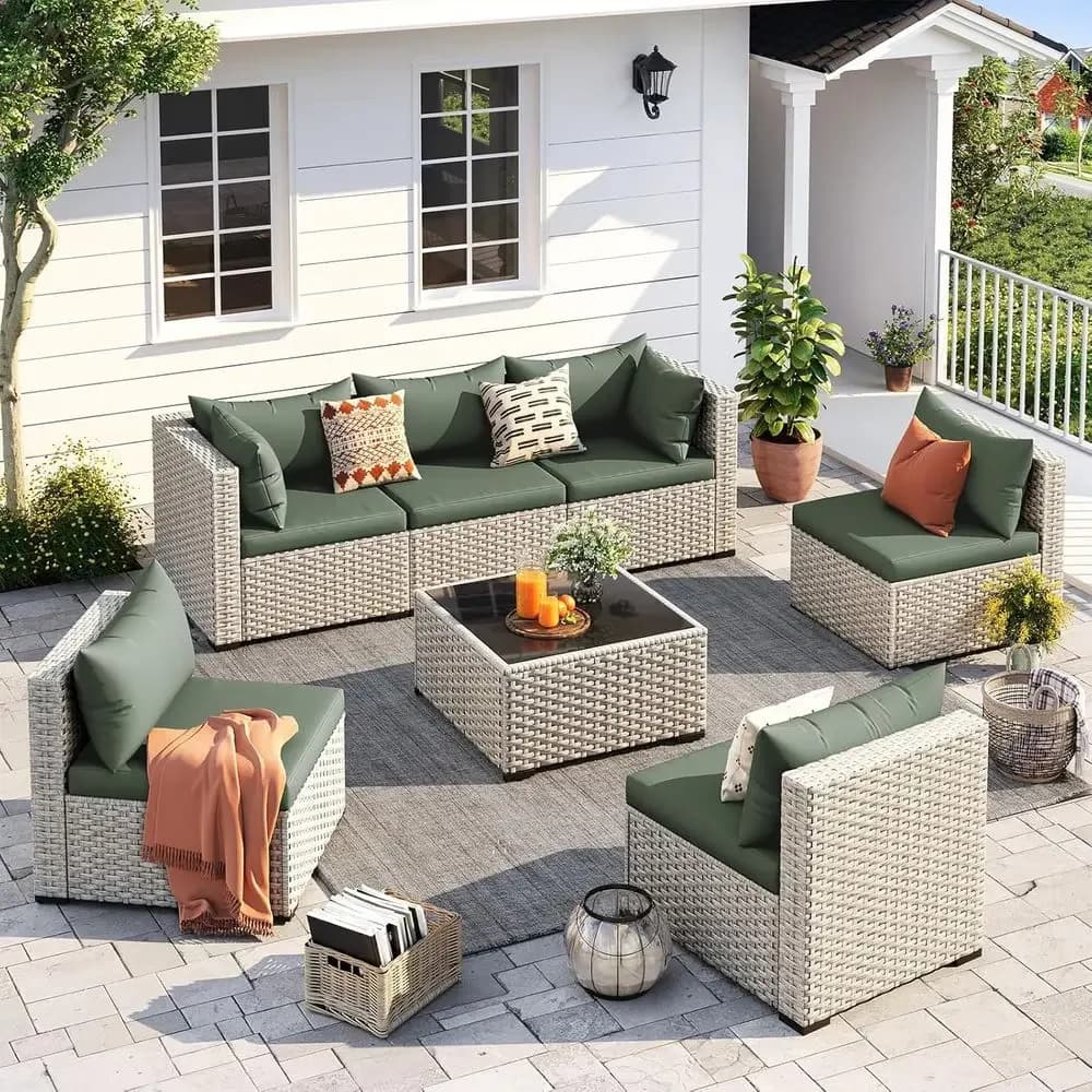 Outdoor Patio urniture Set, 7-Piece PE Wicker Sectional Soa with Tea Table, Outdoor Contion Set or Patio, Garden, Backyard Green