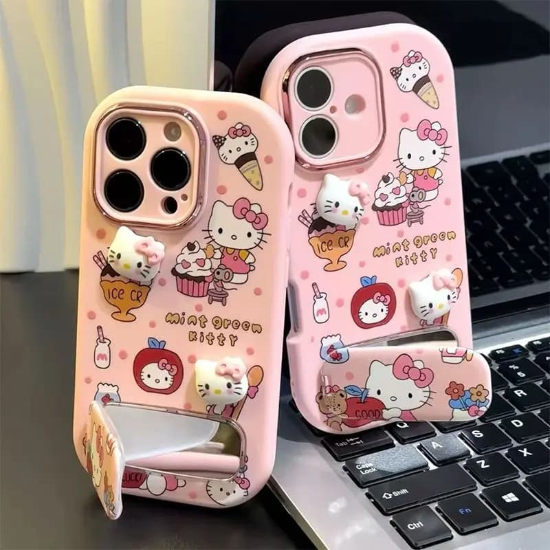 Custodia Protettiva Antiurto per iPhone 17/16/15 Pro Max con Supporto Integrato, Motivo 3D Gelato e Design Hello Kitty Carino