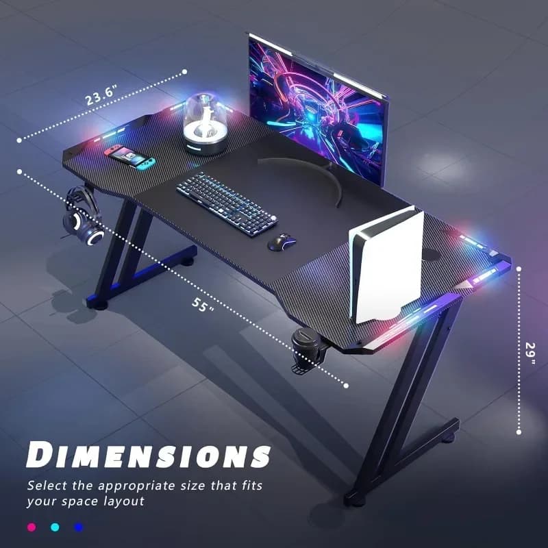 Mobili Scrivania da gioco a LED Stazione di lavoro ergonomica per giocatori da 55 pollici Scrivania da gioco grande con superficie in fibra di carbonio con portabicchieri