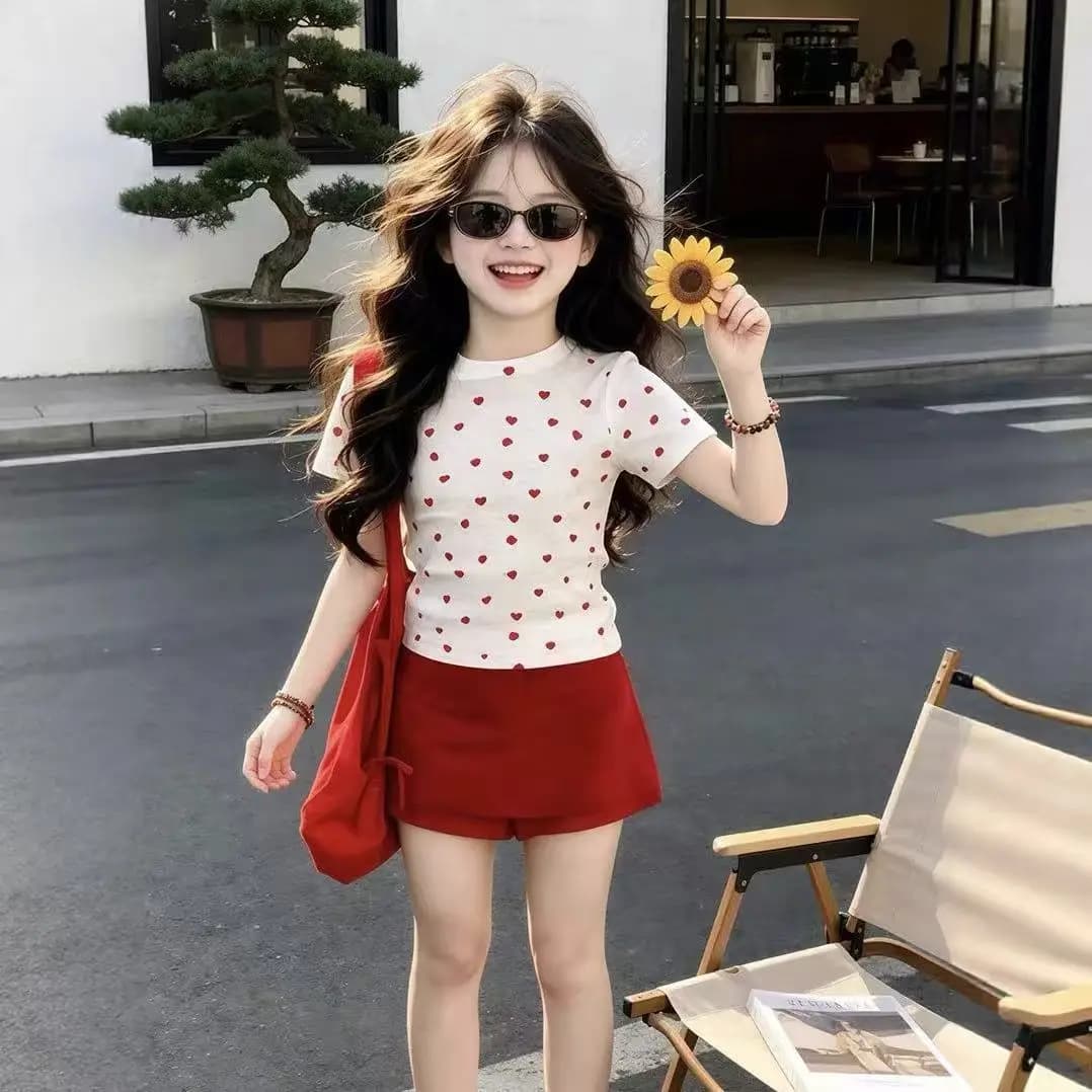 Completo Estivo per Bambine 2026 Nuovo Stile, T-shirt a Maniche Corte alla Moda e Elegante per Bambine, Gonna Rossa e Pantaloni