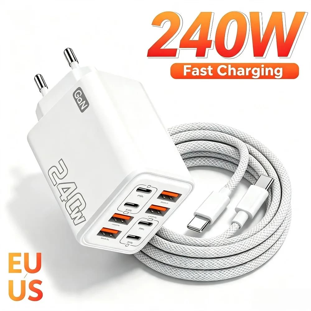 8 in 1 GaN Desktop USB Phone Charger 240W PD Fast Charger 4PD 4USB For iPhone 16 15 Pro Samsung Xiaomi EU US Plug Power Adapter
