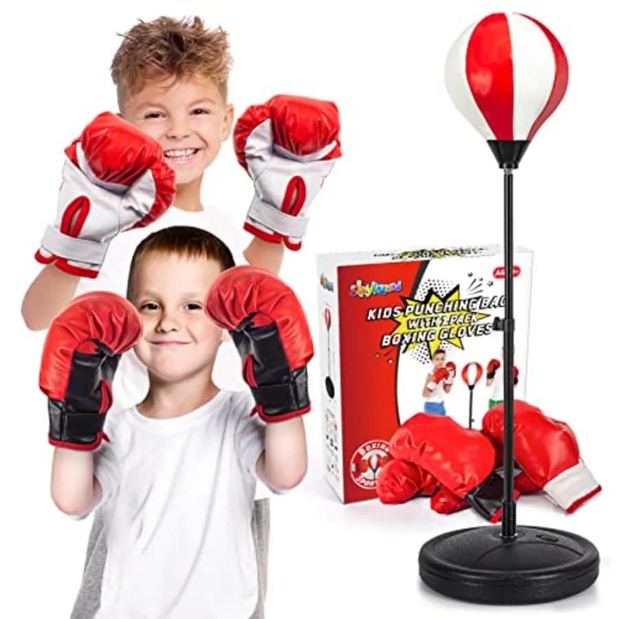 Boxing Bag with 2 Boxing Gloves and Height Adjustable Support, Blue and Red Sports Set, Resistant Foam Material