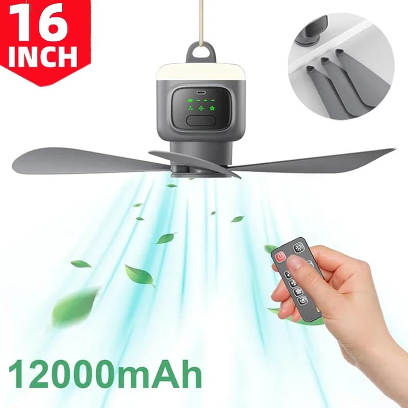 Large Size Remote Control Ceiling Fan 16 Inch USB Wireless Cooling Fan 12000mAh Portable LED Night Light Camping Fan Plus Size Ceiling Fan