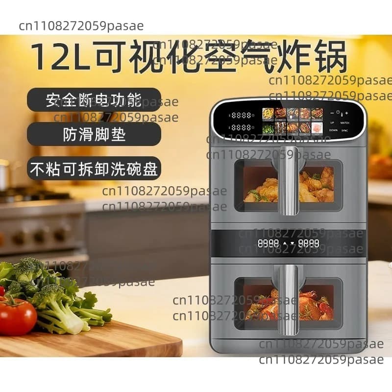 Friggitrice ad Aria Intelligente Multifunzione da 12L per Uso Domestico: Forno a Doppia Camera con Touchscreen e Finestra di Visualizzazione