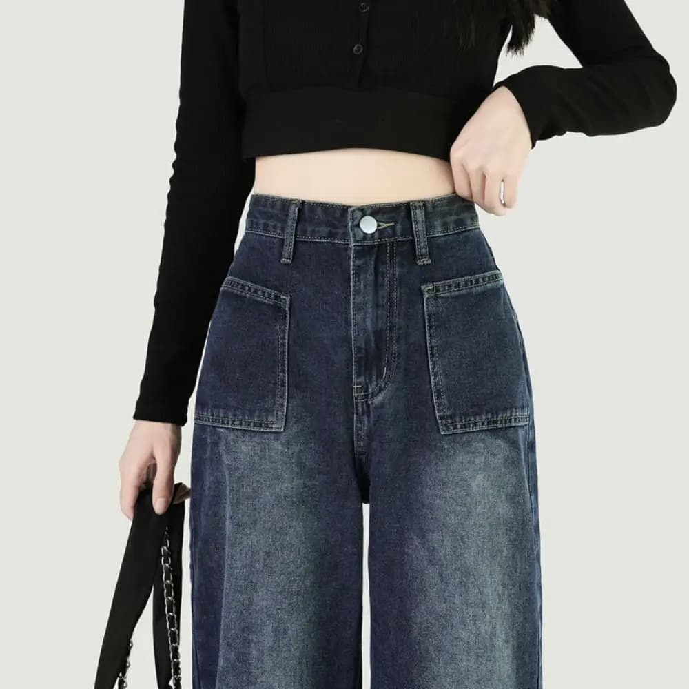 Jeans in simple wide denim Cowboy pants wide leg straight waist pants Retro Ins for girls