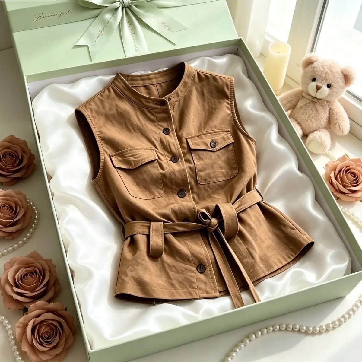 Vintage Waist-Cinching Belted Vest Top for Women Summer New Style Retro Breathable Sleeveless round Neck Open Cardigan