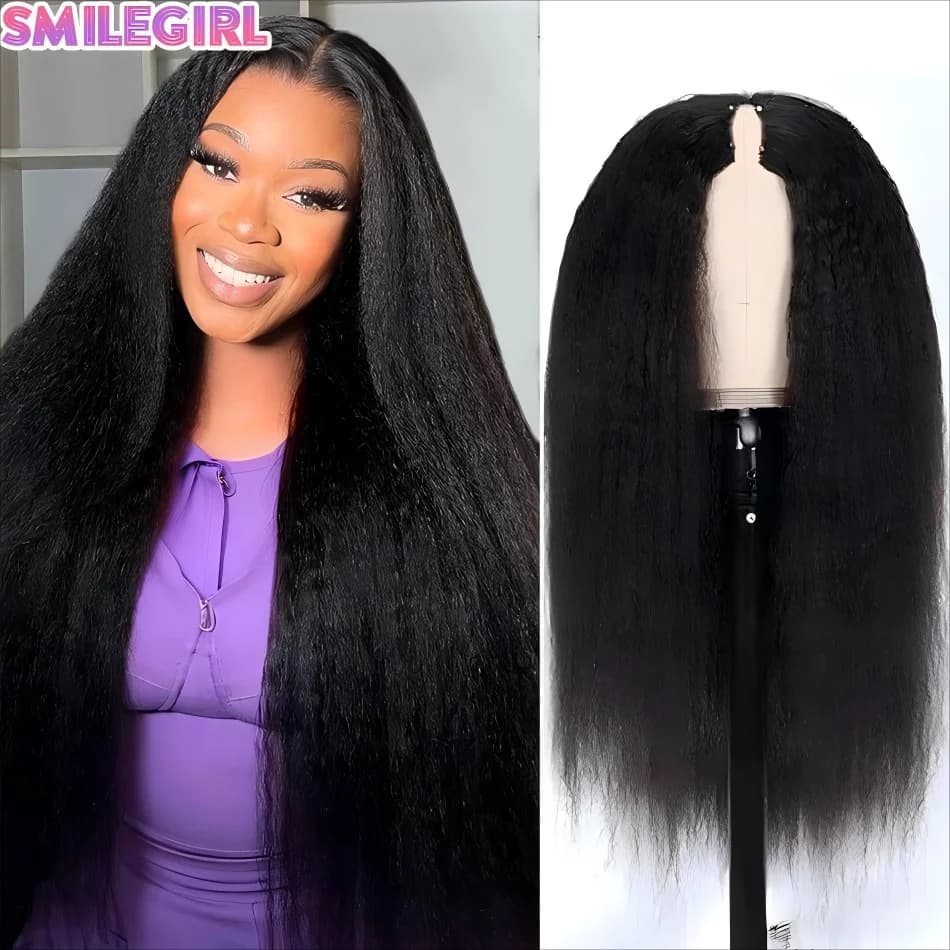 Kinky Straight V Part Wig in Brazilian Human Hair, Original Improved to V Shape, No Need to Leave Hair in View, Ready to Wear, Half Wig with Clip, 30-32 Inches