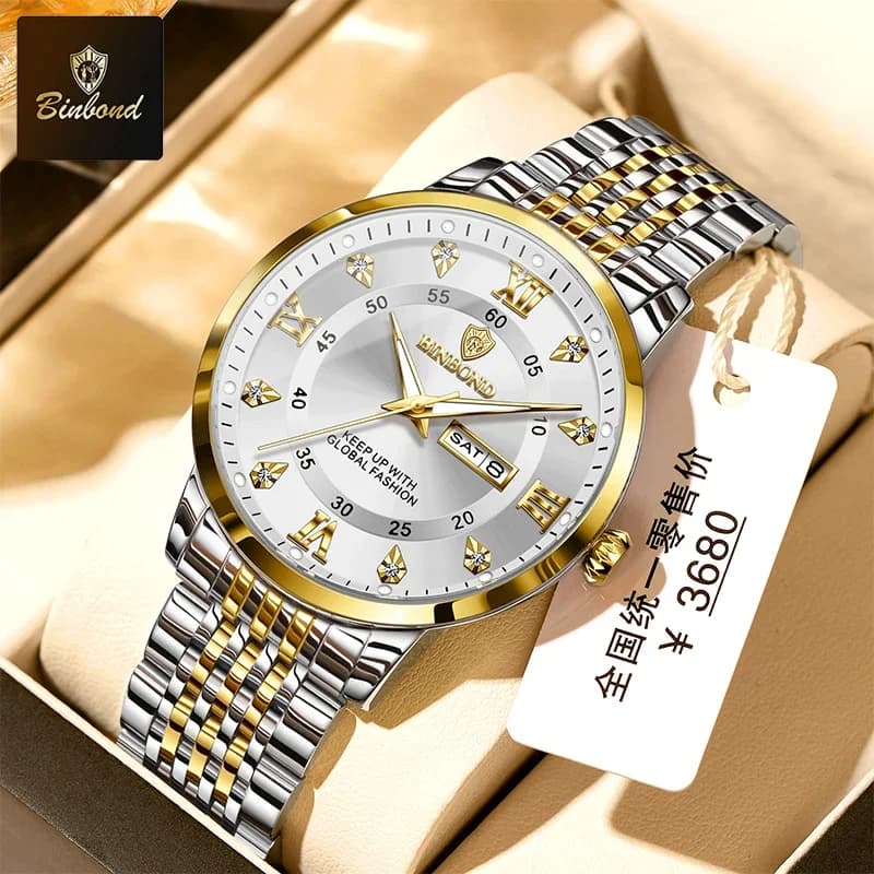 BINBOND Luxury Fashion Men's Quartz Watch Waterproof Luminous Date Watch Casual Men's Stainless Steel Business Clock Reloj