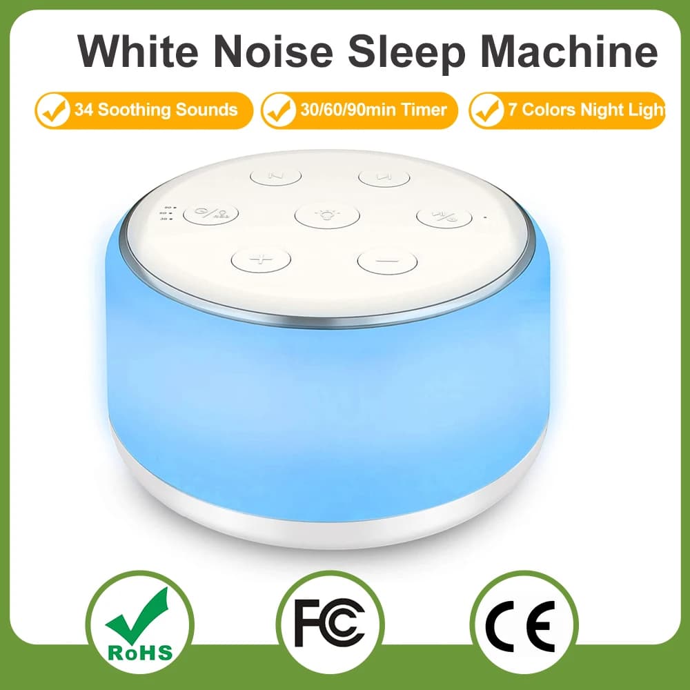 Macchina per il rumore bianco Macchina per il suono del sonno da tavolo per il sonno del bambino Succhietto 7 colori Luci notturne 34 suoni rilassanti e timer