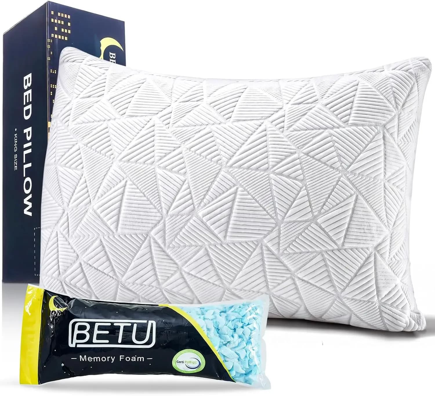 Cooling King Size Pillow, Shredded Memory Foam Cool Pillow for Hot Sleepers, Adjustable Firm Soft Support Bed Pillows Perfect for Back Neck Pain and Side Sleeping with Pillow Case Cover, White