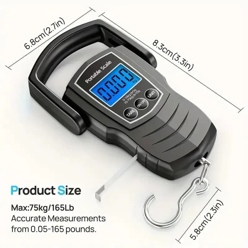 Bilancia da pesca con righello, bilancia elettronica LCD per bagagli a grande portata 75KG, mini bilancia portatile a gancio