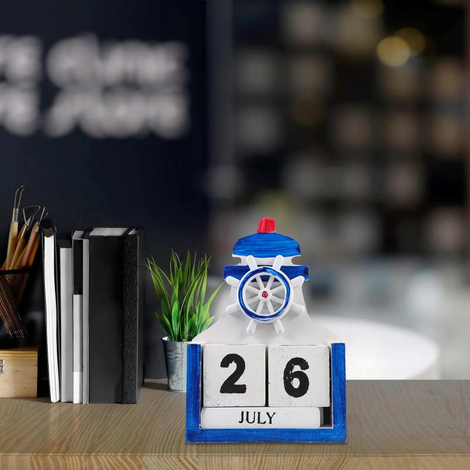 Calendario da Tavolo in Legno Stile Mediterraneo, Perpetuo e Riutilizzabile, Decorativo per Ufficio, Casa, Studio e Camera da Letto
