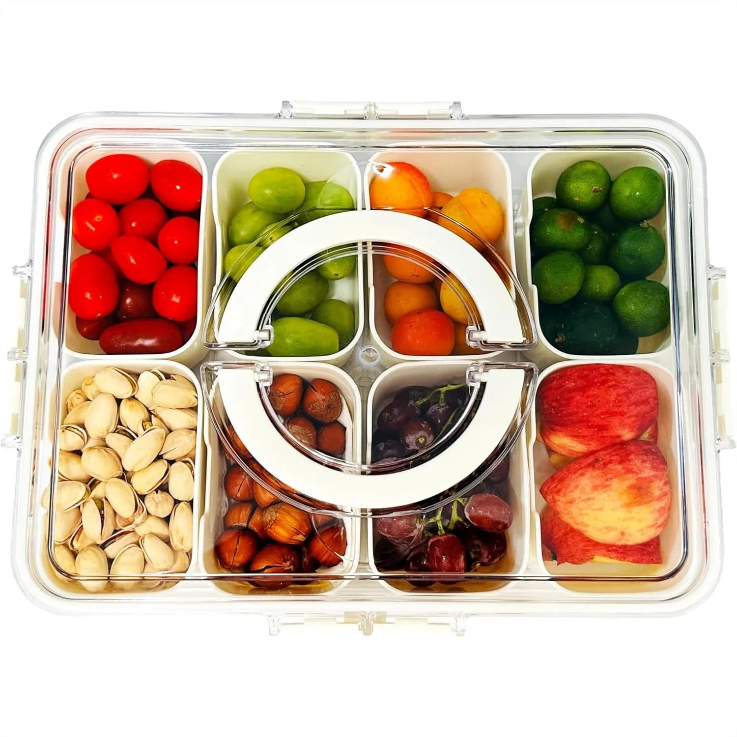 Contenitore per Snack Diviso con Coperchio e Manico, Vassoio Porta Porzioni per Viaggi, Campeggio, Spiaggia, Essenziale per Cibo, Frutta e Verdura