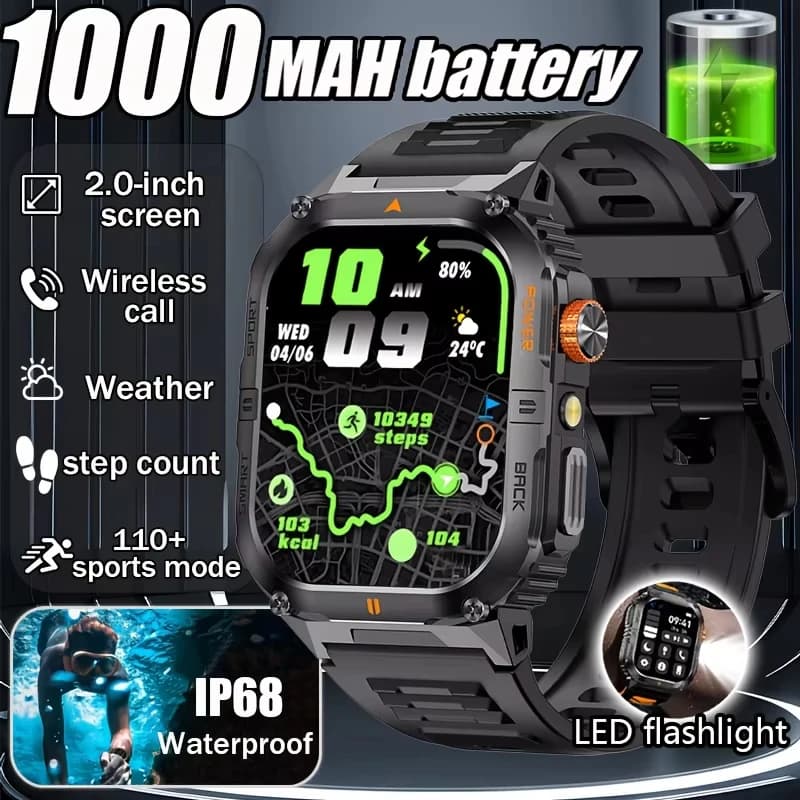 New 1000mAh military outdoor smartwatch 2.01 inches LED flashlight IP68 waterproof Heart rate sleep Bluetooth call sport watch