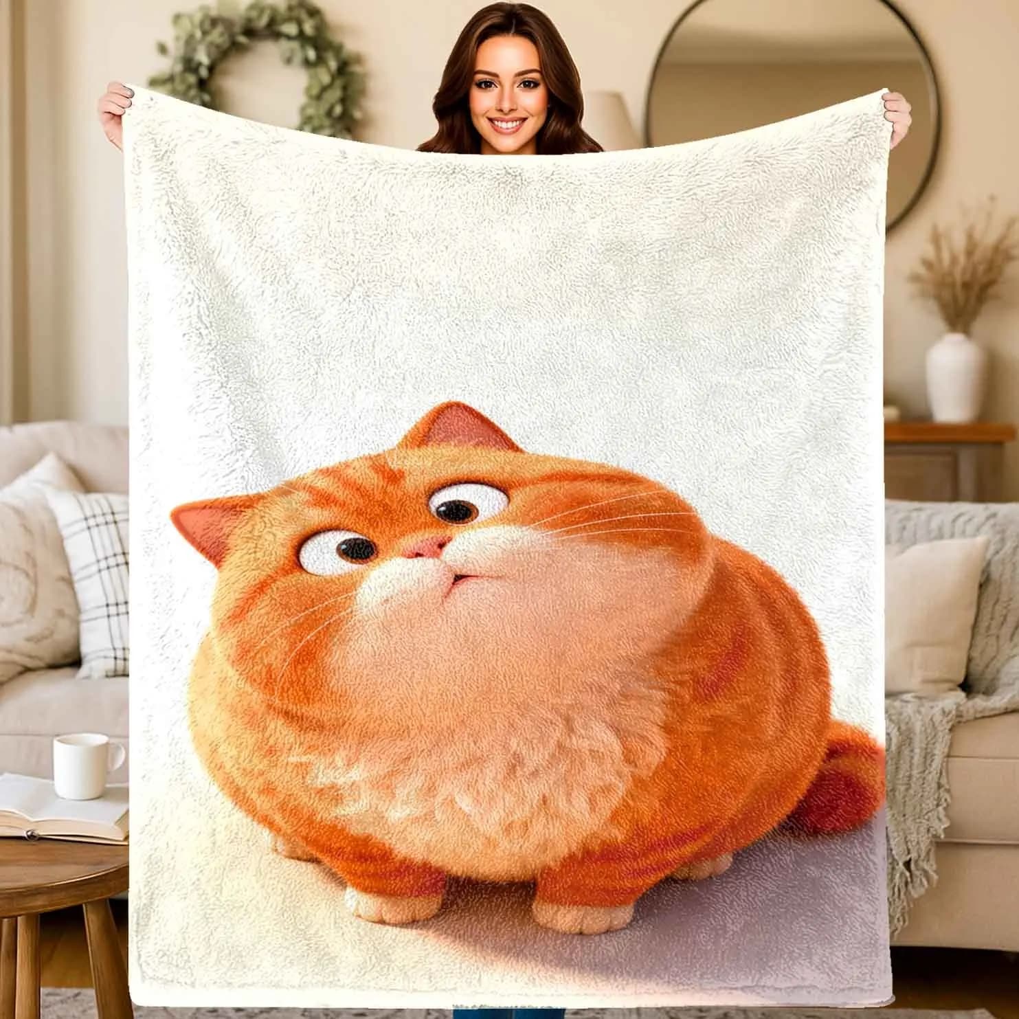 motivo gatto con sfondo arancione Coperta stampata in flanella adatta a tutte le stagioni per soggiorno, ufficio, divano e viaggi