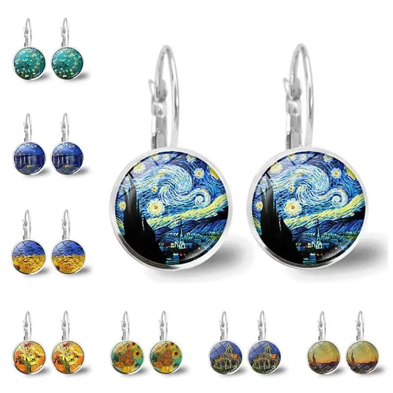 New Van Gogh Starry Night Star Moon Time Gemstone Earrings Women's Cross-Border Silver Personalized Drop Earrings Jewelry