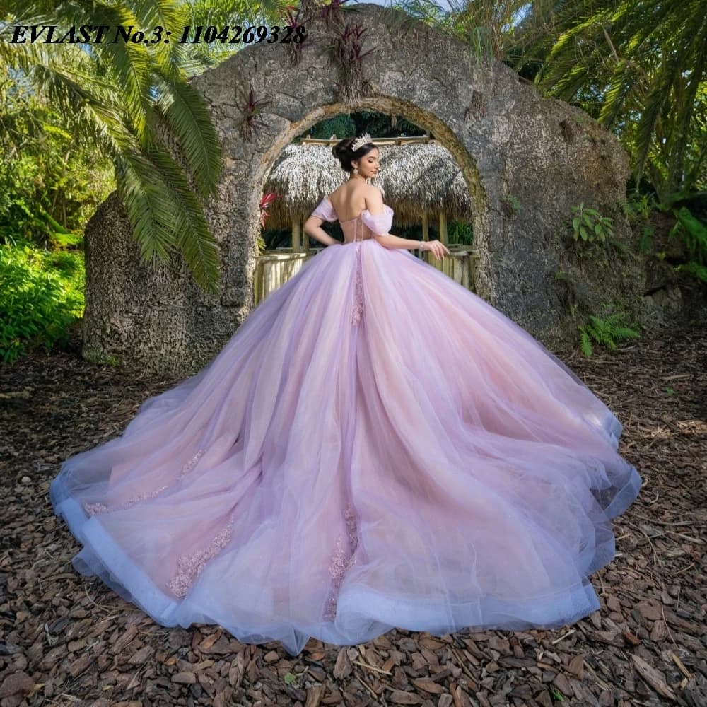 EVLAST Personalizzato 2025 Rosa Lucido Abito Quinceanera Abito di Sfera Applique di Pizzo Perline Corsetto Dolce 16 Abiti Da 15 Anos E3Q781