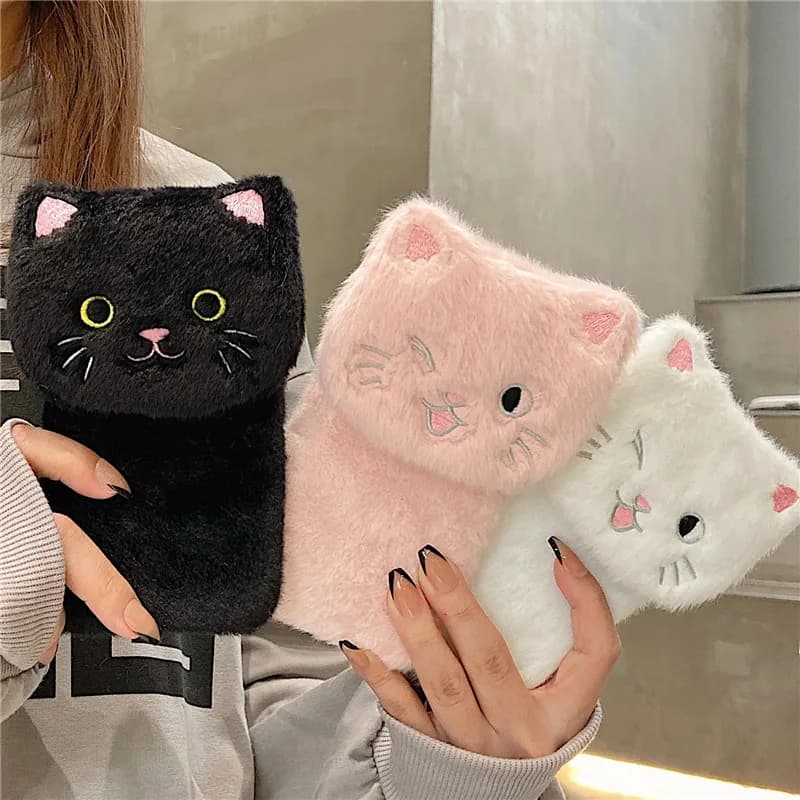 Cute Embroidery Cat Warm Plush Soft Phone Case For Xiaomi 13 12T Poco F5 F4 X5 M5 Redmi A2 A1 Note12 11A 12C 10A 10C Cover Stand