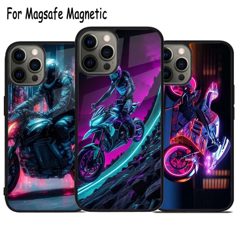 Custodia per telefono Neon Motorbike con ricarica wireless per iPhone 17 Air 15 16 16e 14 13 11 12 Pro Max Plus, cover magnetica Magsafe con paraurti