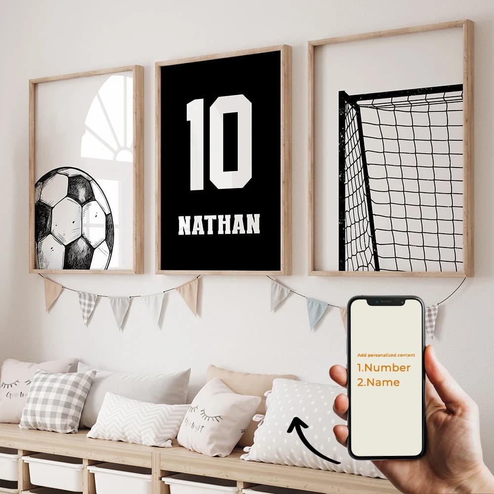 3 pezzi di stampe artistiche da parete personalizzate con nome e cartoni animati a tema calcio, per soggiorno, cameretta dei bambini, decorazione per la casa, idea regalo