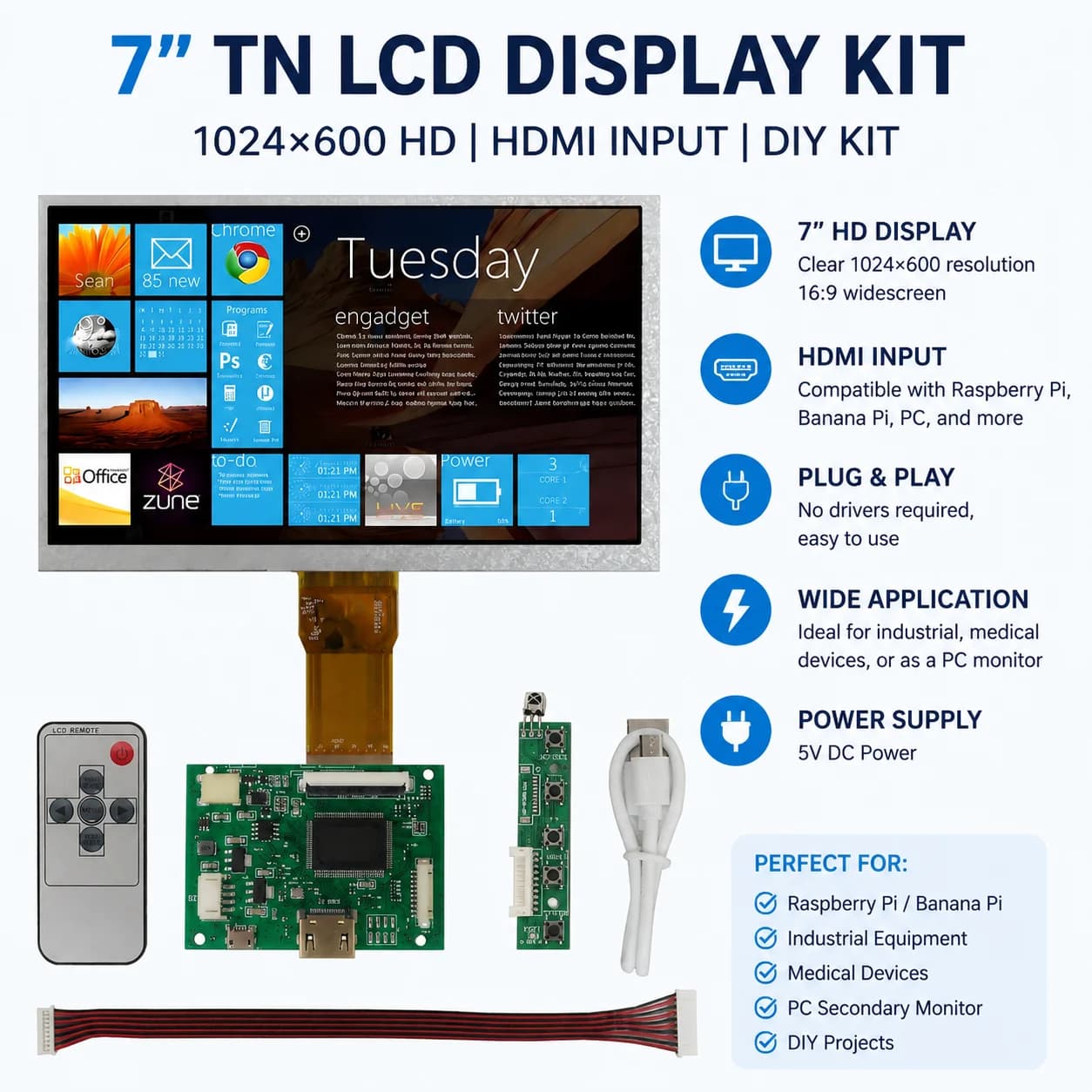 Scheda di controllo driver per display LCD da 7 pollici, compatibile HDMI, per Raspberry Pi, PC, laptop, modulo display, mini computer portatile
