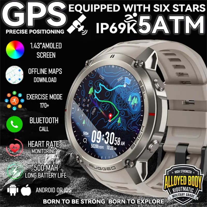 2026 new 1.43AMOLED screen smart watch men's 5atm waterproof six-star GPS smart watch Bluetooth call offline map sports bracelet