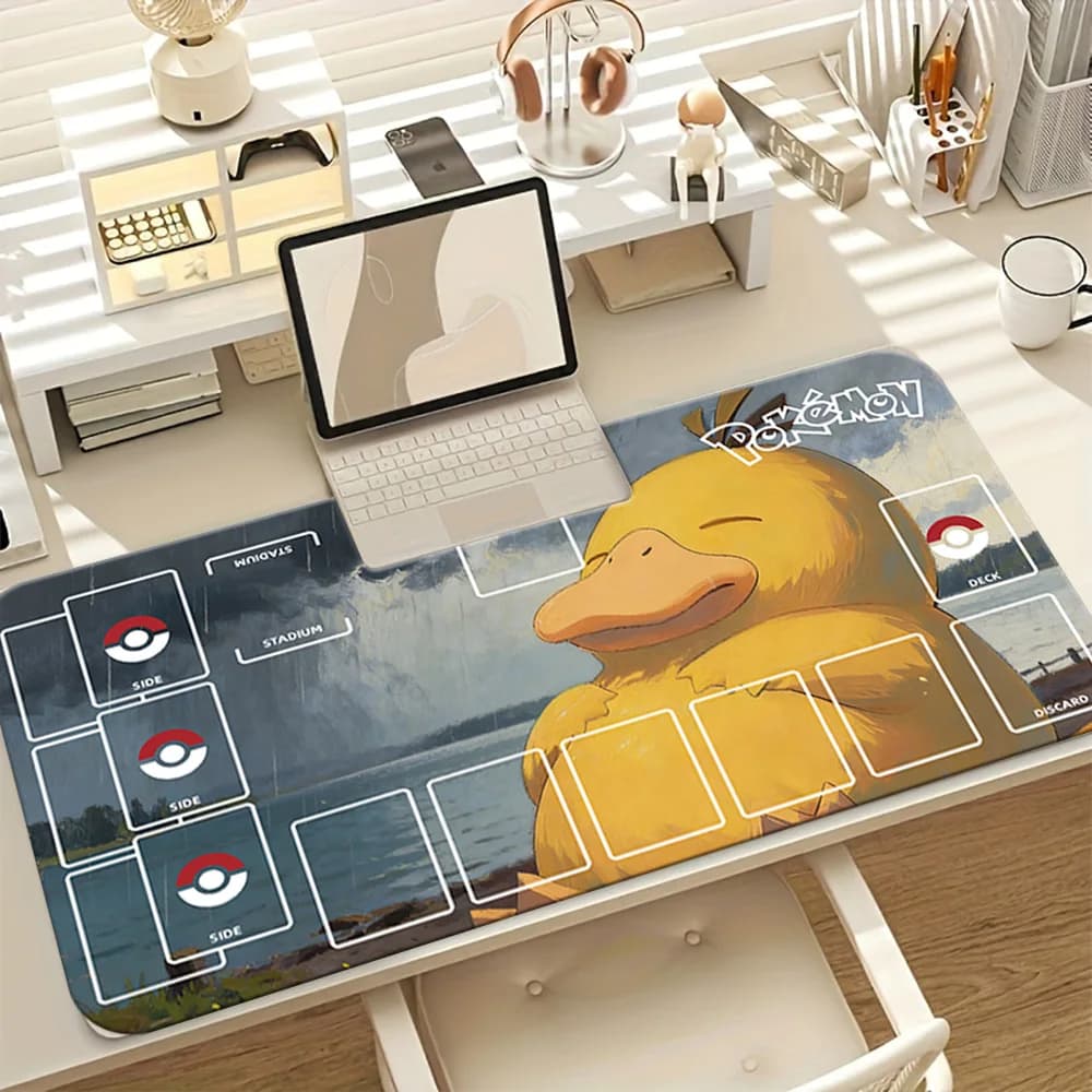 Tappetino da gioco Psyduck in stile pittura a olio Pokemon TCG, tappetino per mouse da gioco esteso di grandi dimensioni, tappetino da scrivania antiscivolo per giocatori di giochi di carte e ufficio