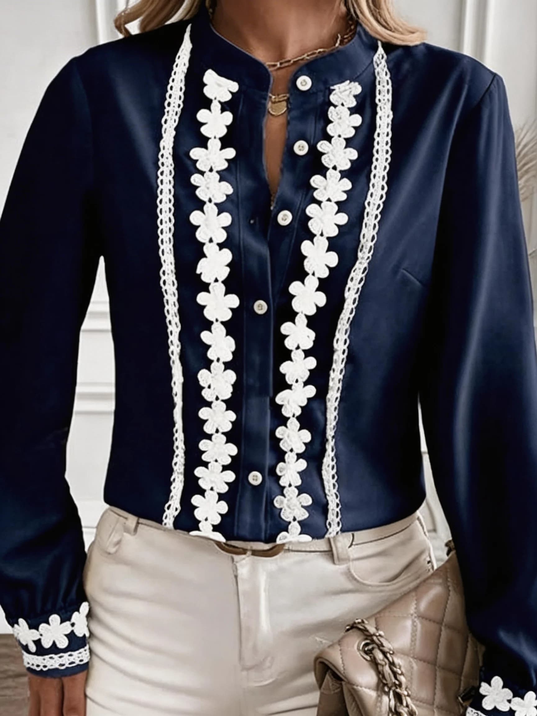 European-style dark blue embroidered stand-up collar blouse for women - long-sleeved, fitted, elegant, suitable for business wea