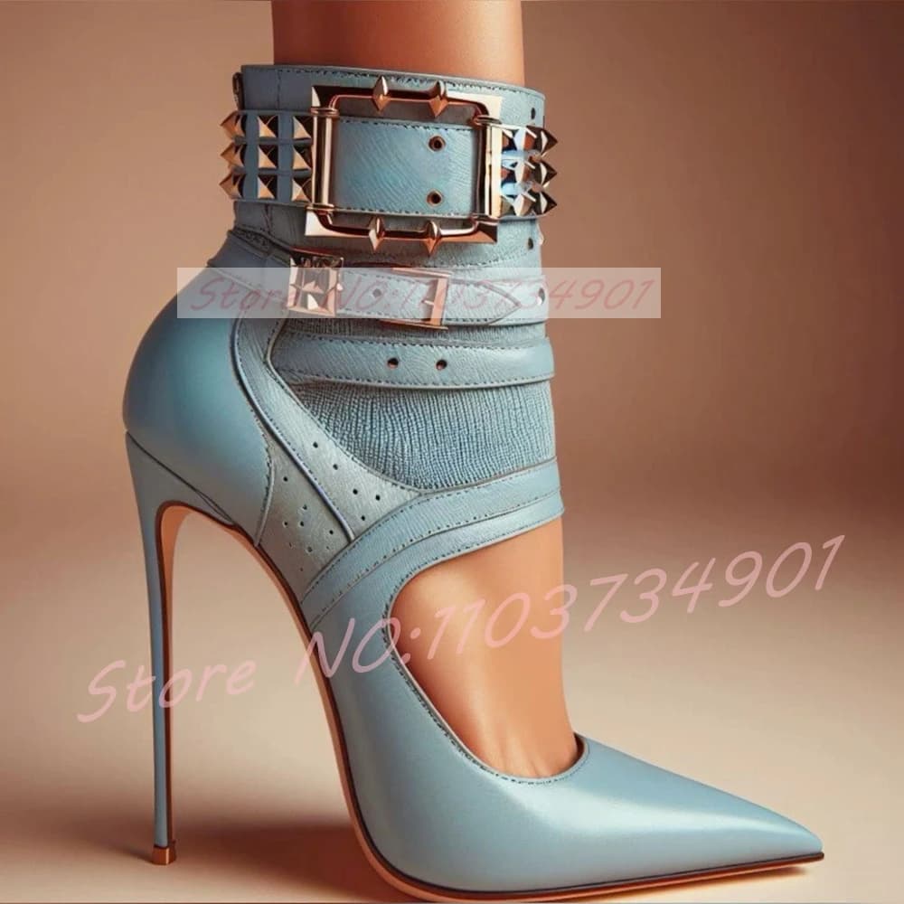 Sandali con cinturino con fibbia tempestata Stivali da donna con punta a punta Tacchi alti Stivaletti in pelle blu Lady Edgy Luxe Calzature