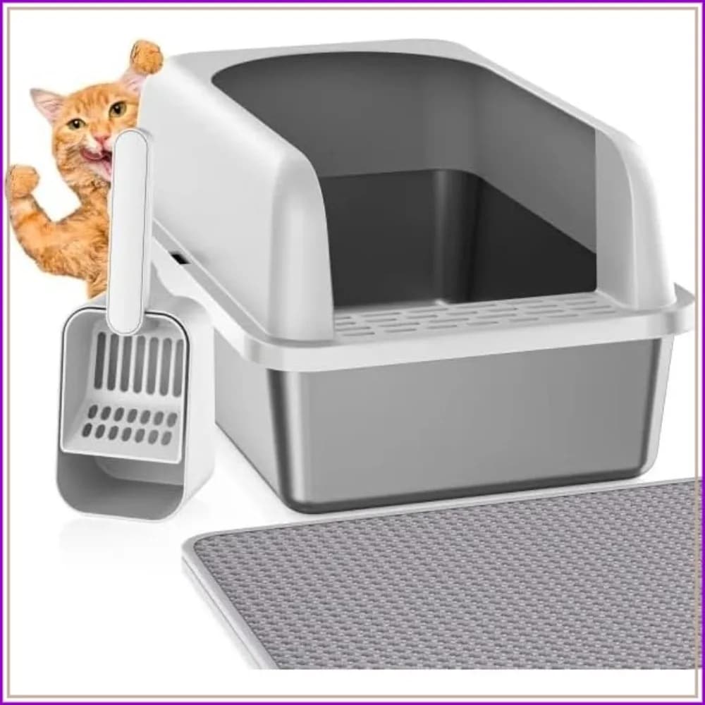 Stainless Steel Litter Box with Lid, Extra Large Enclosed, Non-Stick, Easy Clean, Includes Mat & Scoop