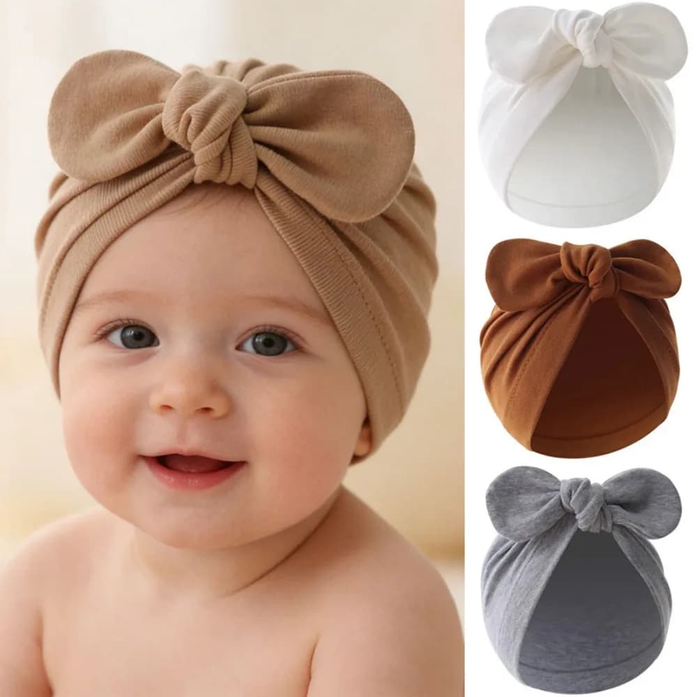 Soft Cotton Baby Turban Hat Cute Bunny Ears Solid Color Infant Beanie Toddler Headwrap Bonnet for Newborn Boys Girls