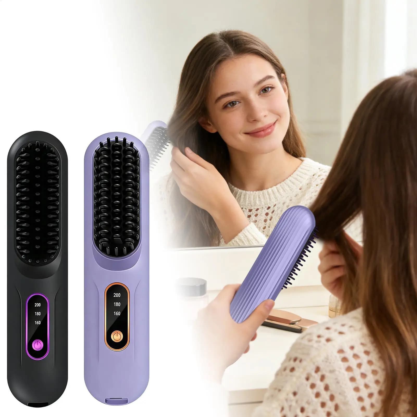 Spazzola Lisciante per Capelli con Display LCD a 3 Temperature, Senza Fili, per Acconciature Lunghe e Corte