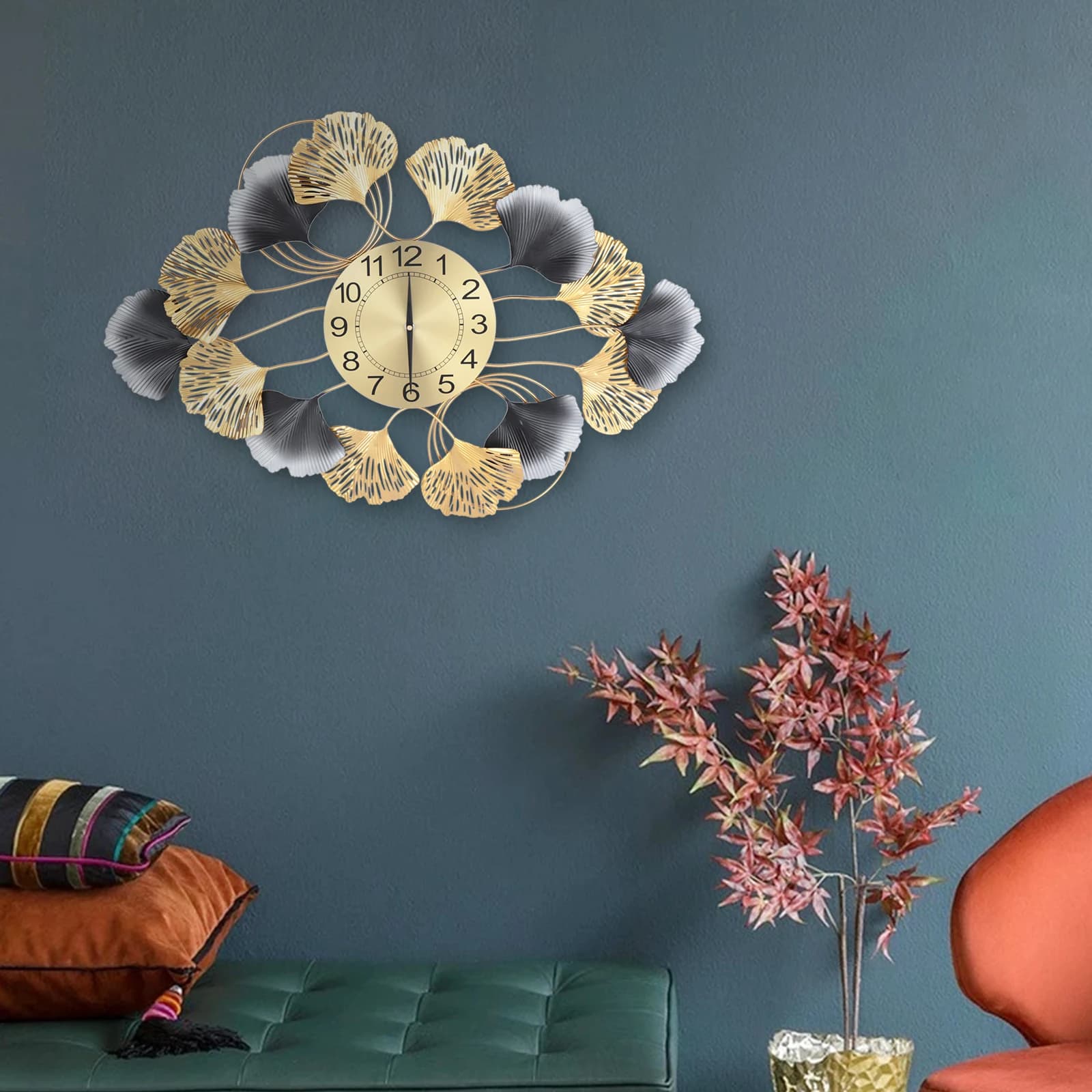 Large Wall Clock for Living Room, 75x52 cm, Modern Metal With Ginkgo Foil Decoration, Silent Without Ticking, Gold
