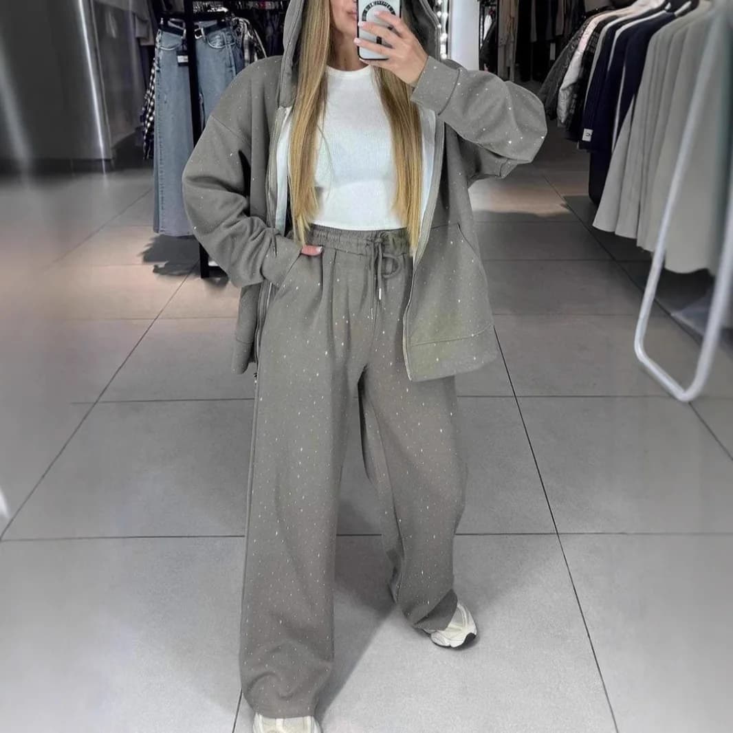 Felpe con cappuccio con strass alla moda Pantaloni da donna Uomo Autunno Giacca con cappuccio con cerniera allentata Felpa oversize Pantaloni sportivi Set da due pezzi