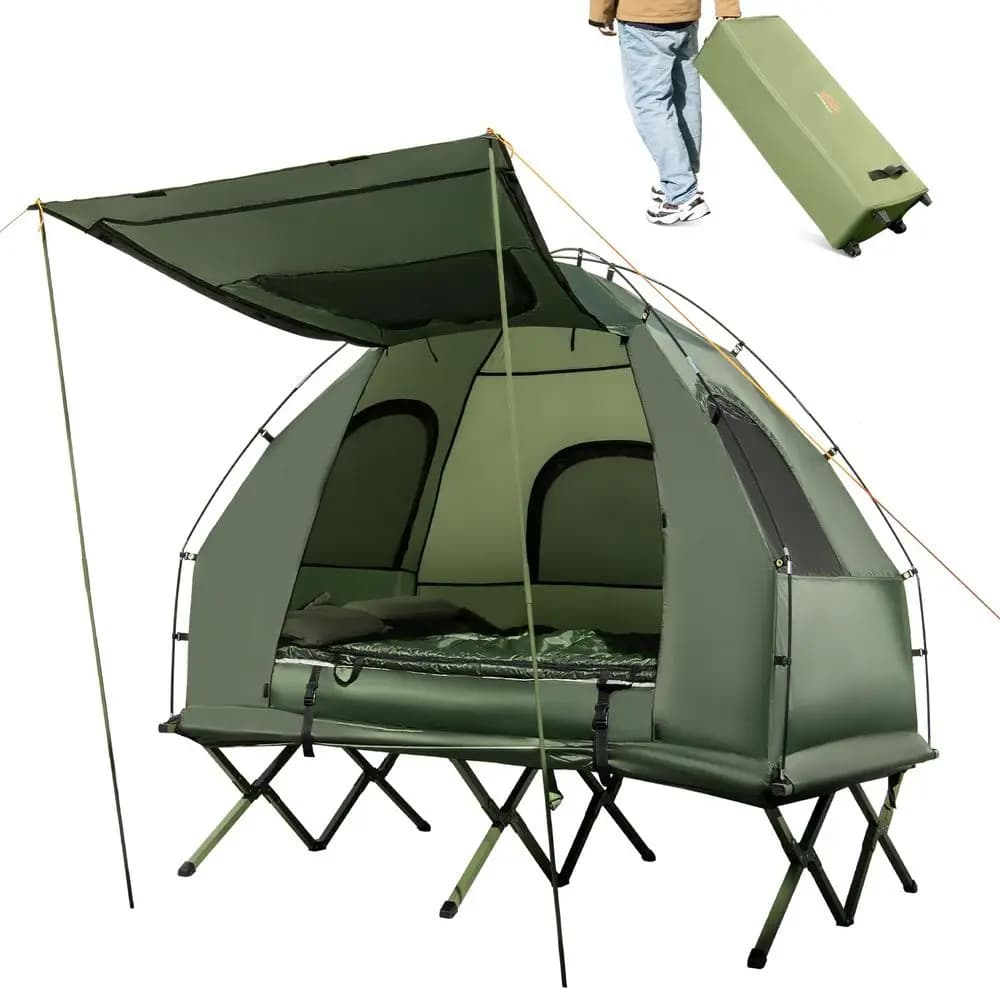 Tenda da Campeggio con Letto, Letto Pieghevole 5 in 1 con Materasso ad Aria, Cuscino, Sacco a Pelo, Tenda Rialzata Impermeabile, Portatile
