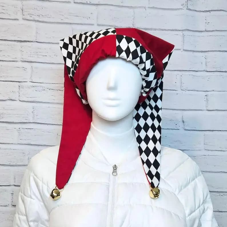 Bufón costume hat with chequered pattern Woman hat for Halloween party Harle costume with golden bells