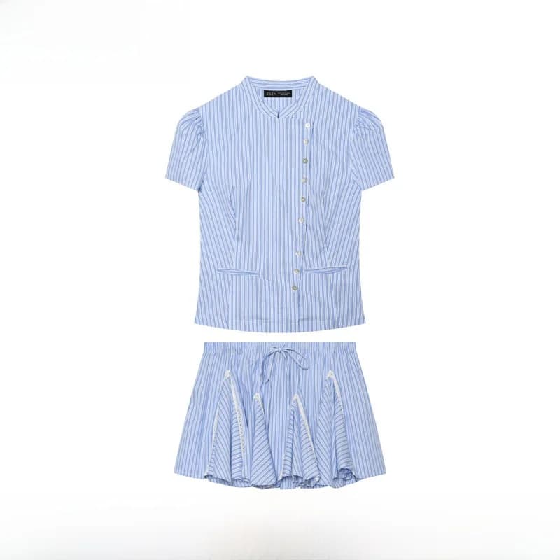 Fashionable Striped Skirt And Top Set Women's New Arrival ZR Style Spring Summer Collection Bubble Sleeve Short Length