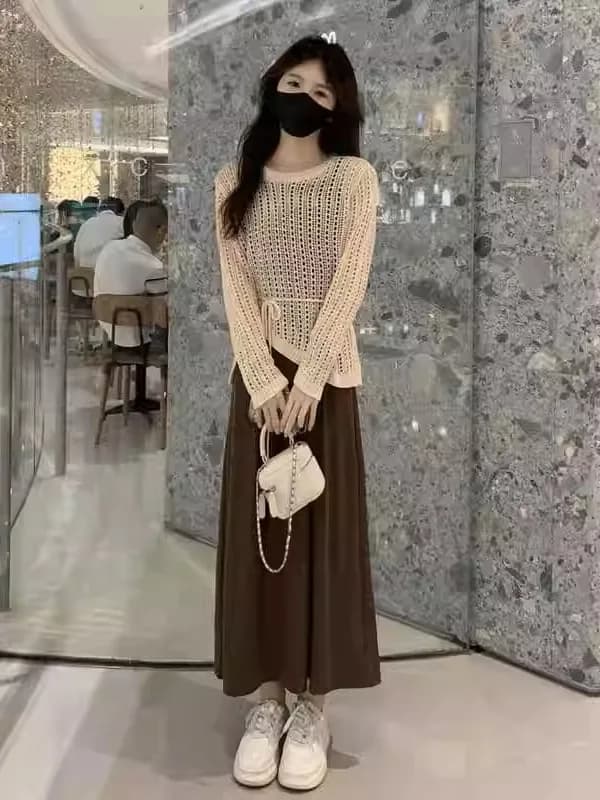 Women's Hollow out Knitted Sweater Slimming Waist Design Air Conditioning Outerwear Knot Belt Casual Spring Top