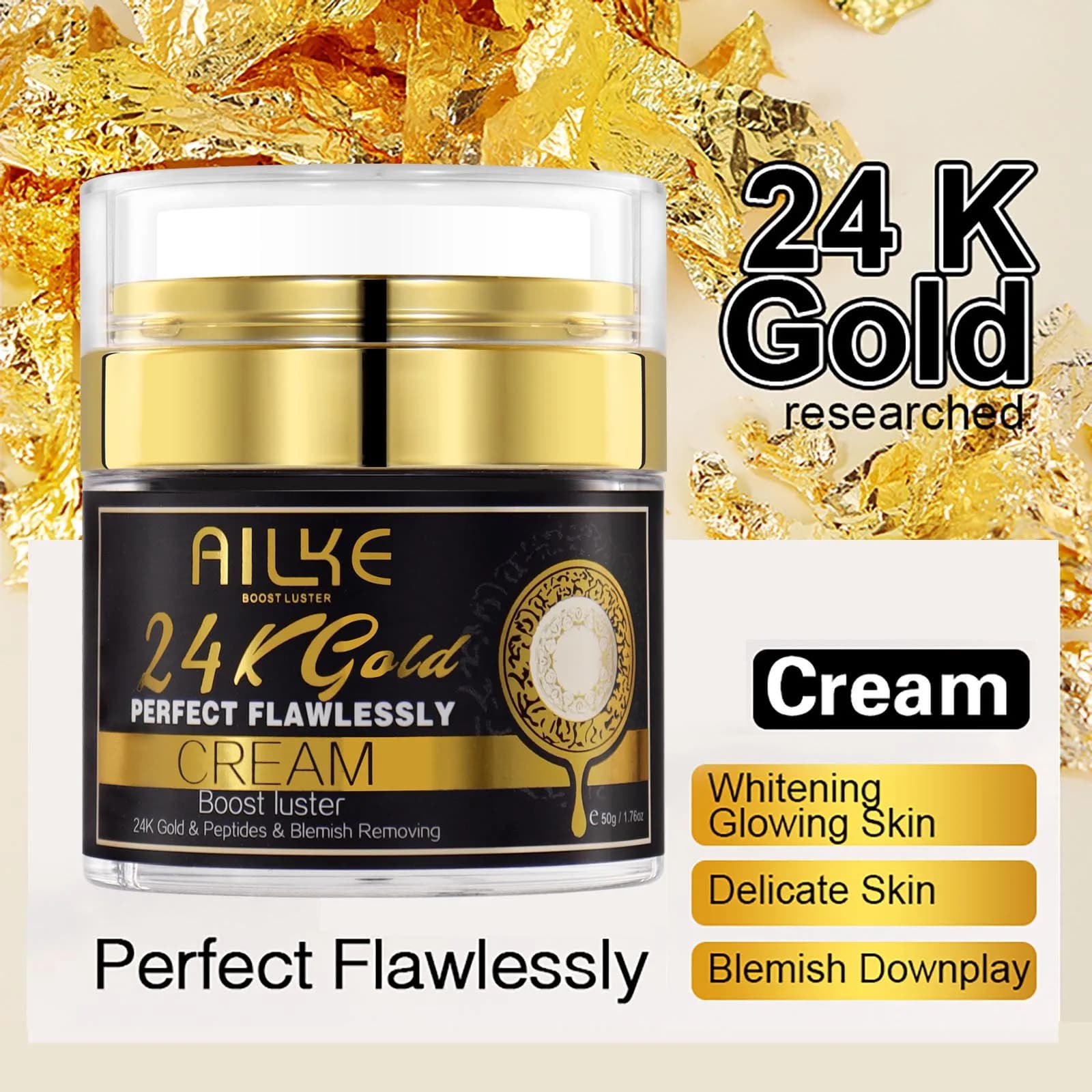 AILKE Crema Viso Perfetta 24k Oro, Sbiancante, Riduce le Macchie, Melanina, Migliora la Pelle Spenta, Con Glutatione e Vitamina C