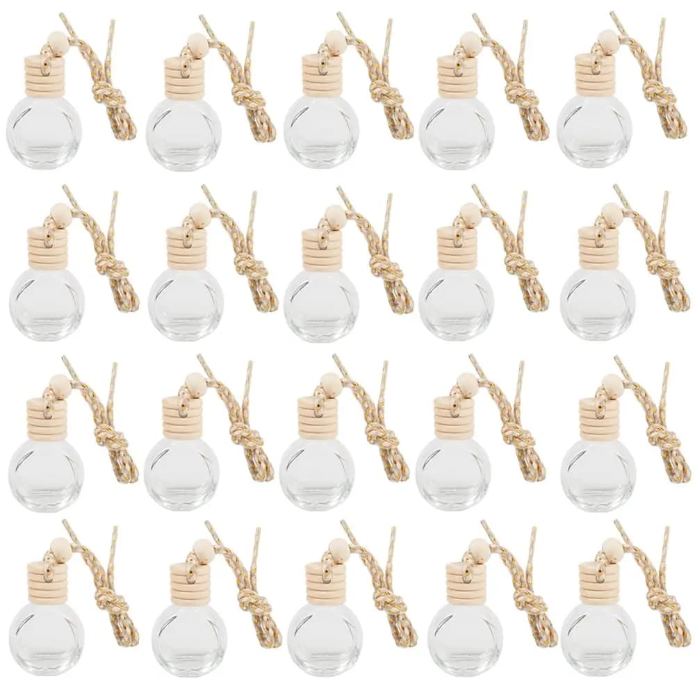 20 Pack 8ml Clear Glass Car Diffuser Bottles With Natural Wood Cap And Braided Rope Hanging String