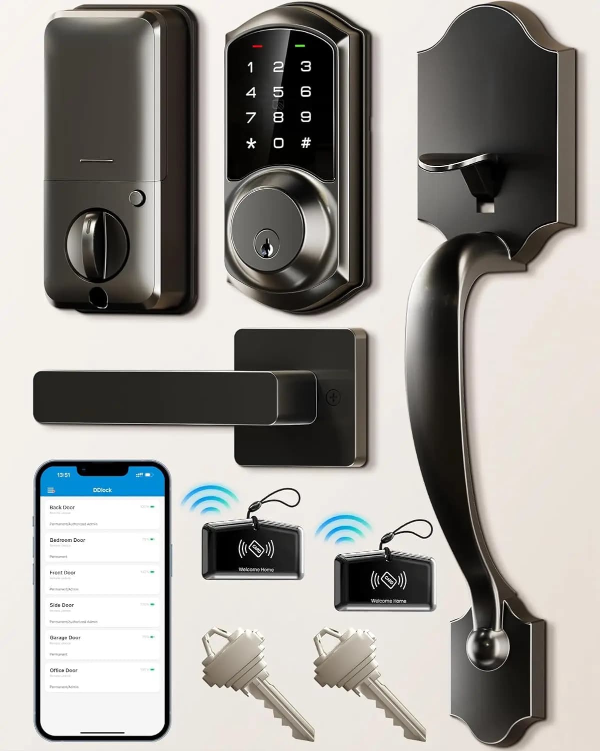 Set Serratura Intelligente per Porta d'Ingresso con Controllo App, Accesso Senza Chiave, Tastiera Touchscreen, Chiusura Automatica, Facile Installazione in Nero Opaco