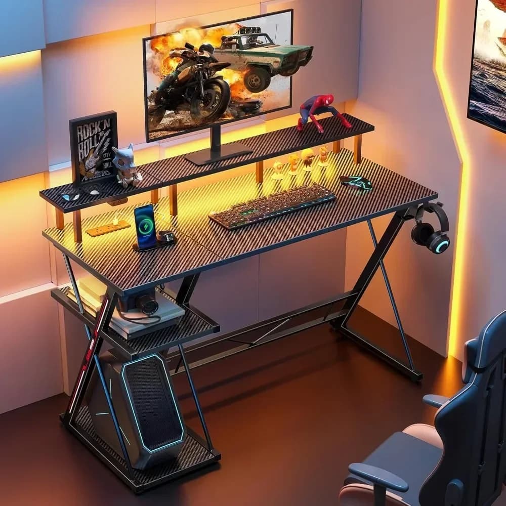 zz Scrivania da gioco con luci a LED e prese di corrente, scrivania per computer da 39" con supporto per monitor e ripiano portaoggetti, tavolo da gioco