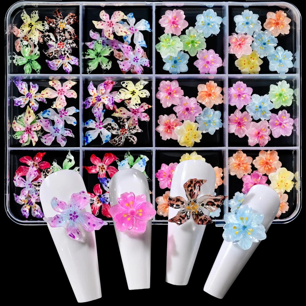 12Grids Mixed 3D Resin Gradient Lily Flower Nail Charms Ice Transparent Cherry Blossom Rhinestones DIY Petal Manicure Decoration