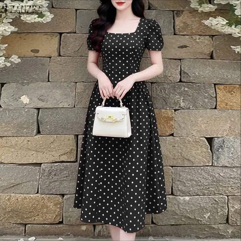 Women's Summer Short Puff Sleeve Midi Dress Square Neck Polka Dot Fitted Waist A-Line Dresses ZANZEA Elegant Tea Robe Femme
