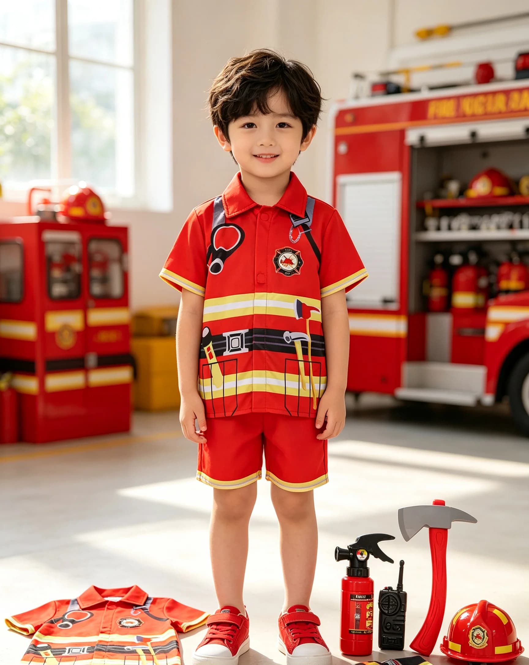 Kids Firefighter Style Shirt with Toy Accessories, Children Short Sleeve Themed Top Set